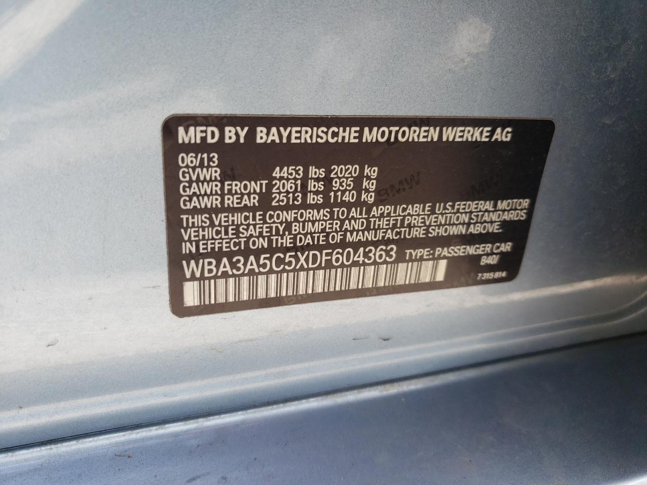 2013 BMW 328 I VIN: WBA3A5C5XDF604363 Lot: 85010655