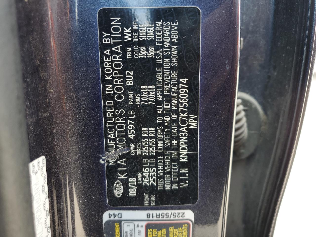2019 Kia Sportage Ex VIN: KNDPN3AC7K7560974 Lot: 87236485