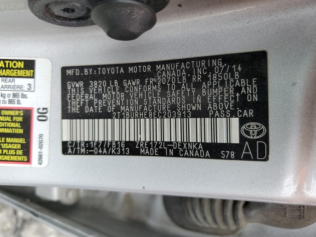 2014 Toyota Corolla L VIN: 2T1BURHE8EC203913 Lot: 86104655