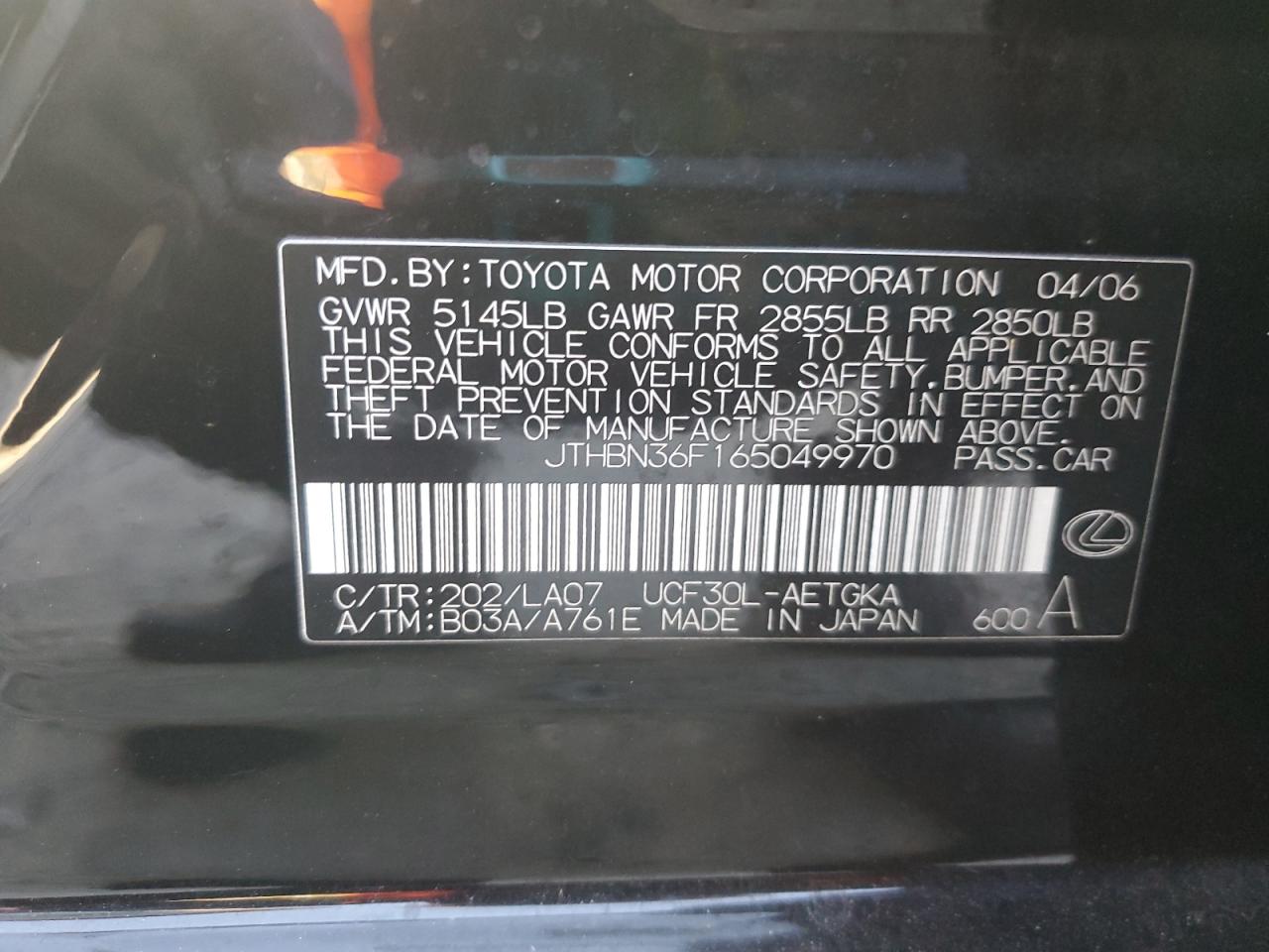 2006 Lexus Ls 430 VIN: JTHBN36F165049970 Lot: 82383615