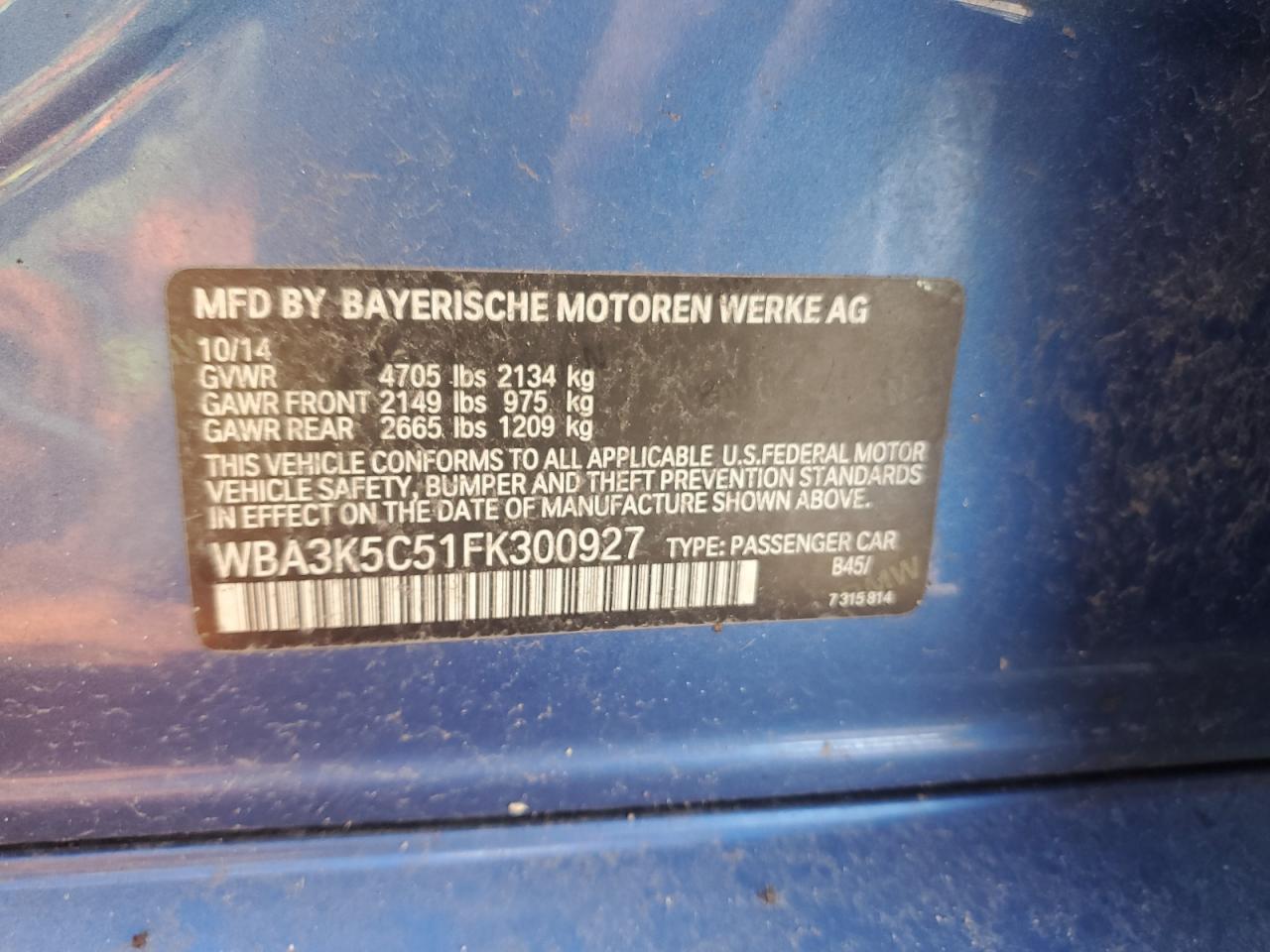 2015 BMW 328 D xDrive VIN: WBA3K5C51FK300927 Lot: 82361495