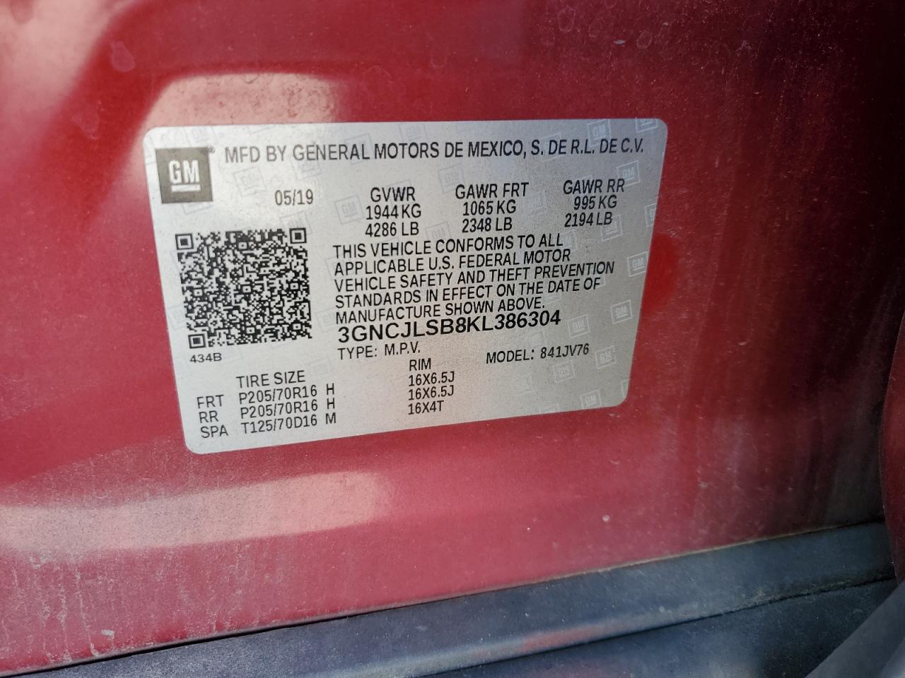 2019 Chevrolet Trax 1Lt VIN: 3GNCJLSB8KL386304 Lot: 82582695