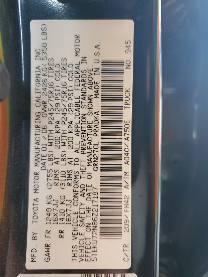 2006 Toyota Tacoma Double Cab Prerunner Long Bed VIN: 5TEKU72N86Z217187 Lot: 82779015