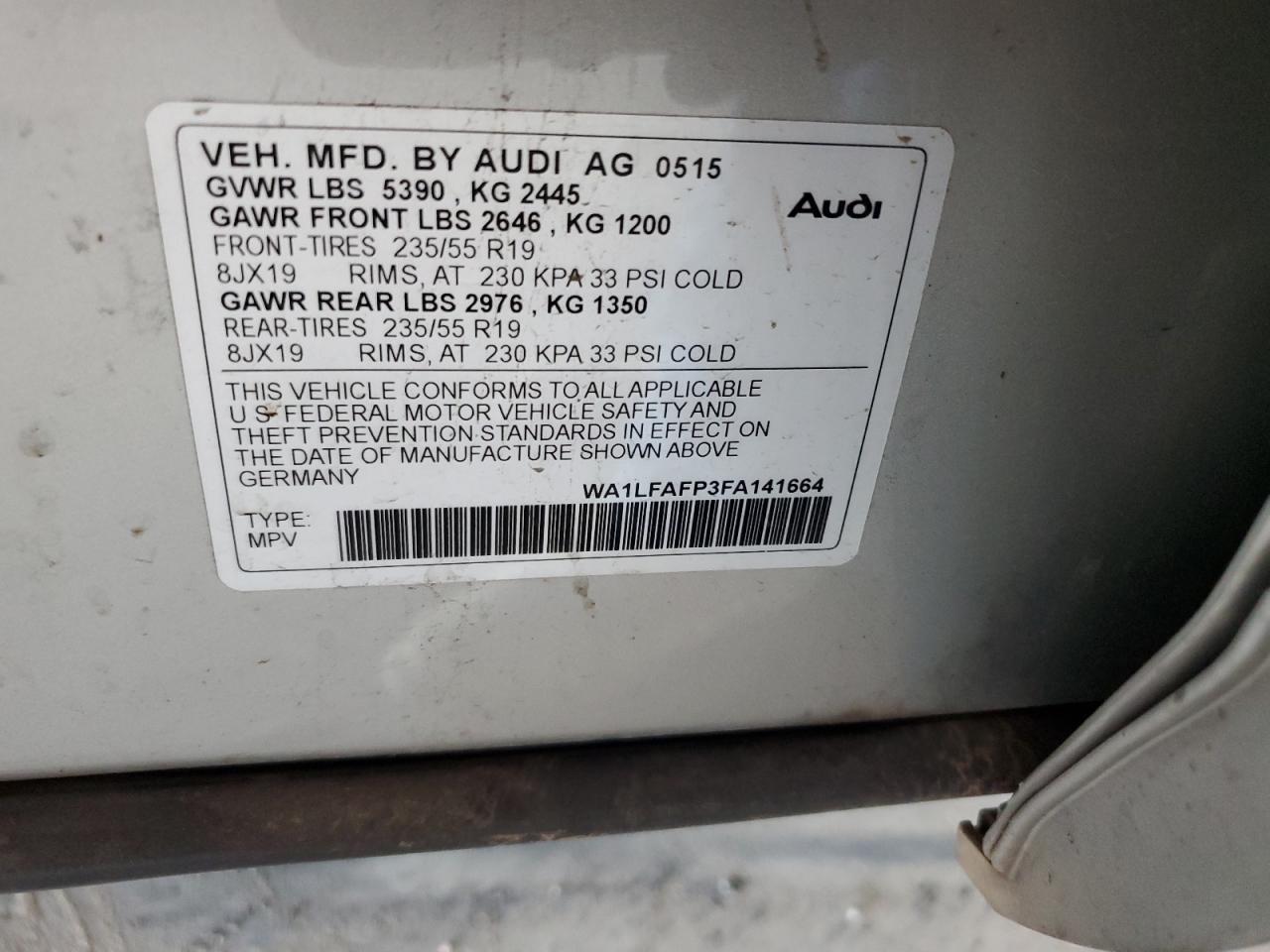 2015 Audi Q5 Premium Plus VIN: WA1LFAFP3FA141664 Lot: 90893515