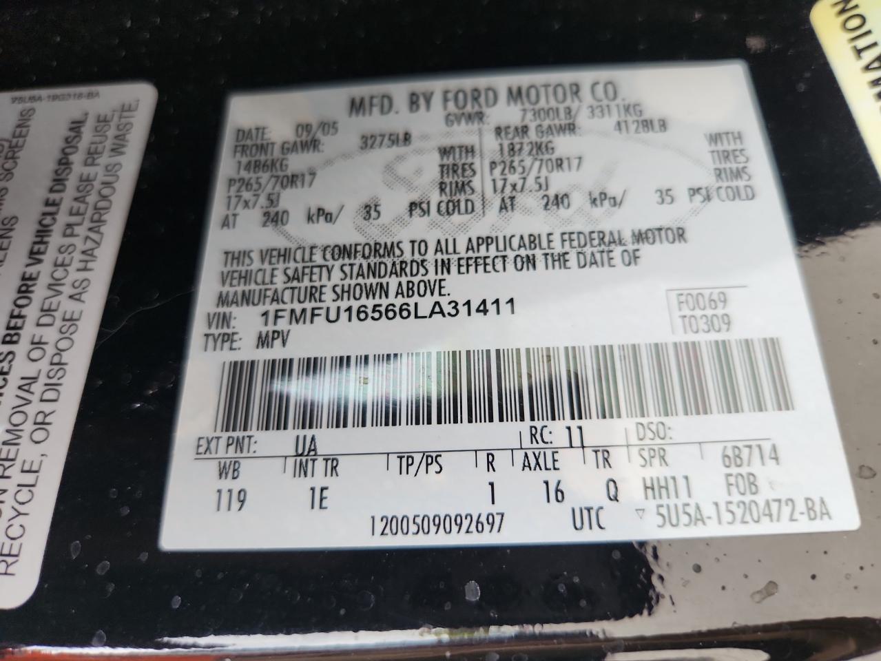 2006 Ford Expedition Xlt VIN: 1FMFU16566LA31411 Lot: 85002035