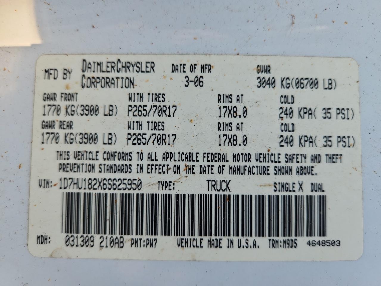 2006 Dodge Ram 1500 St VIN: 1D7HU182X6S625950 Lot: 84930365