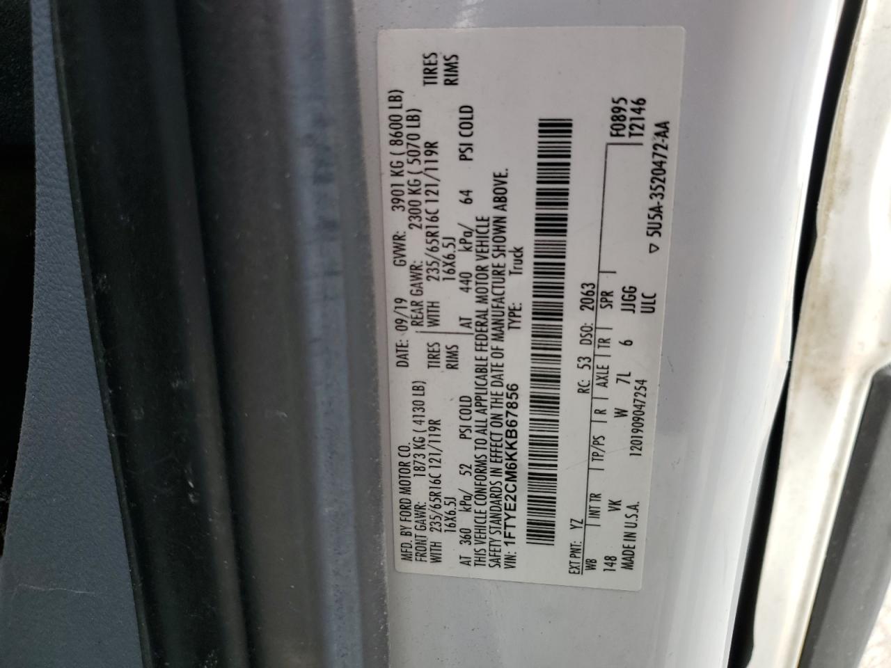 2019 Ford Transit T-150 VIN: 1FTYE2CM6KKB67856 Lot: 86291295