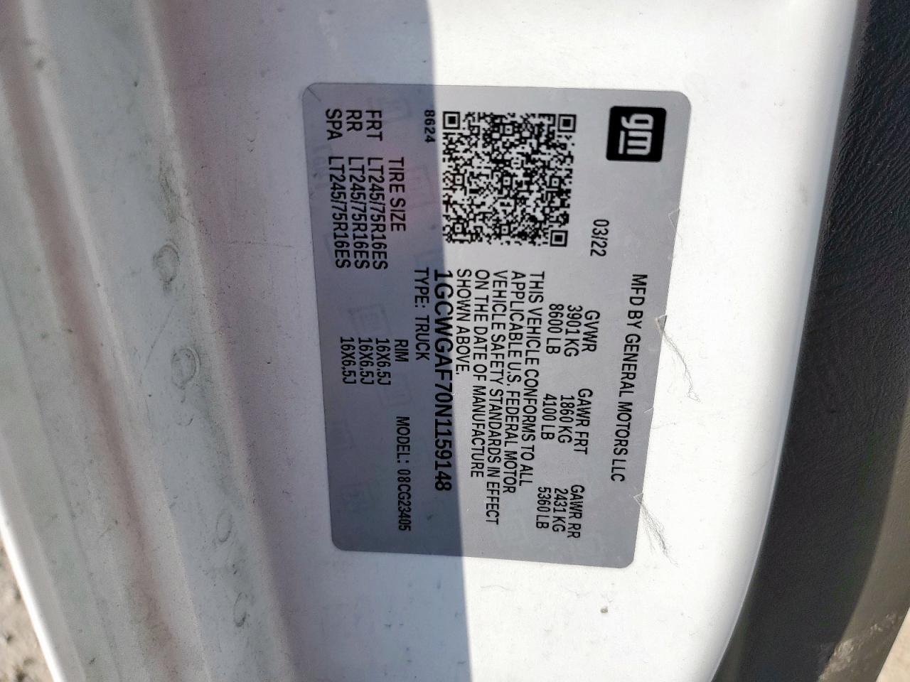 2022 Chevrolet Express G2500 VIN: 1GCWGAF70N1159148 Lot: 84969365