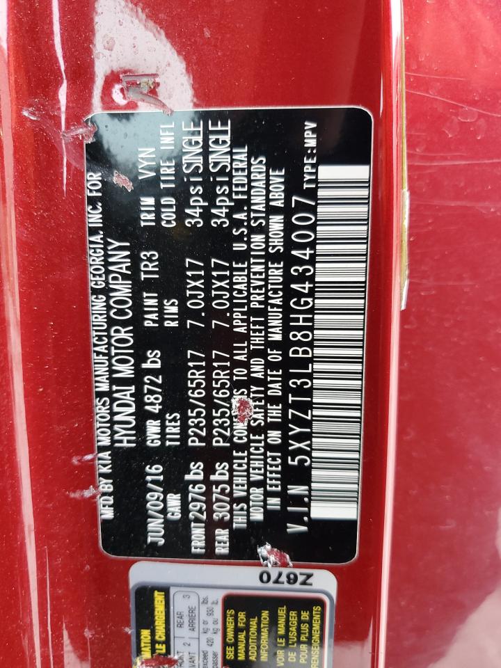 2017 Hyundai Santa Fe Sport VIN: 5XYZT3LB8HG434007 Lot: 89991975