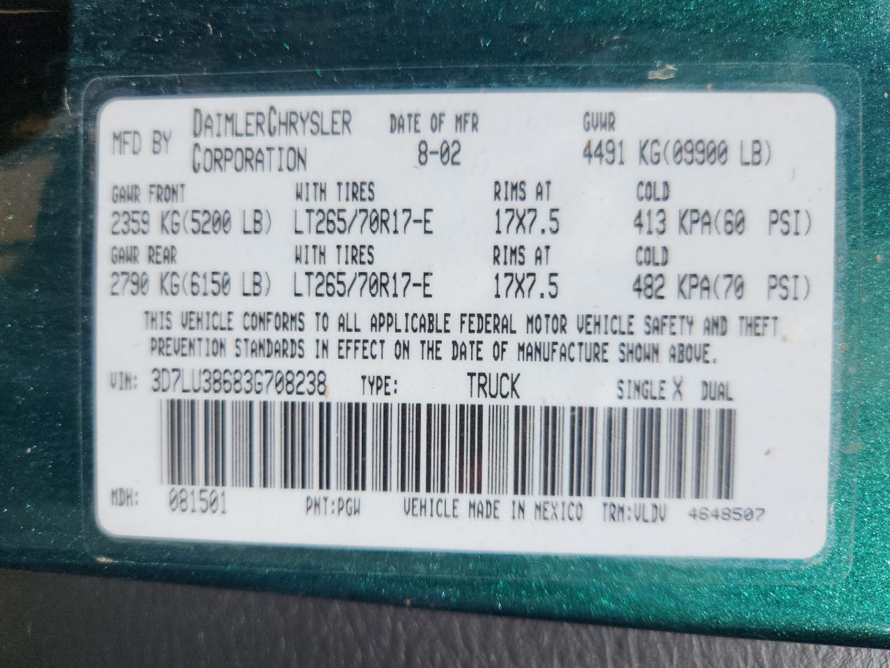 2003 Dodge Ram 3500 St VIN: 3D7LU38683G708238 Lot: 84959025