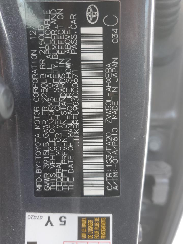 2016 Toyota Prius VIN: JTDKBRFU9G3000671 Lot: 82004285
