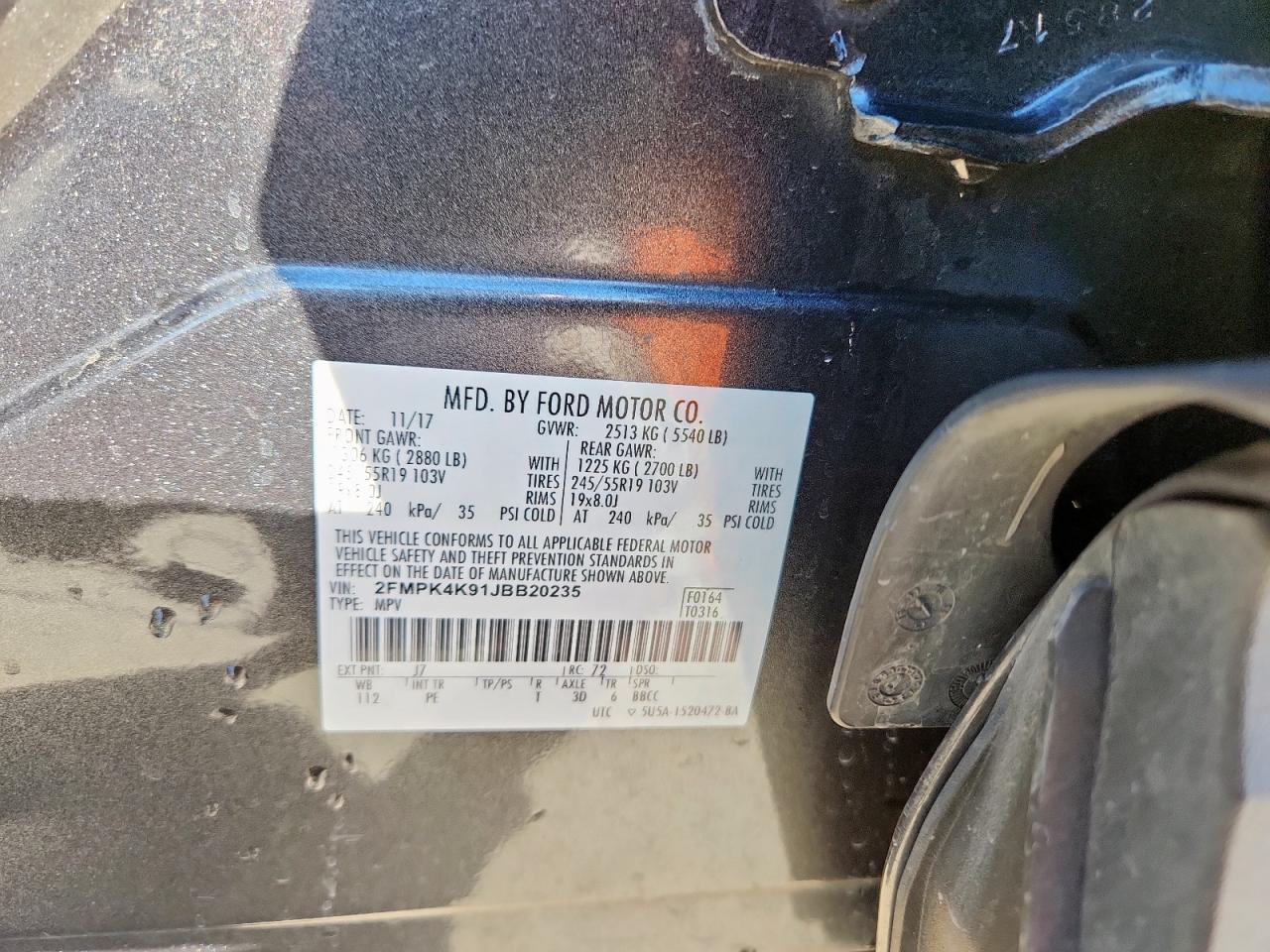 2018 Ford Edge Titanium VIN: 2FMPK4K91JBB20235 Lot: 85911115