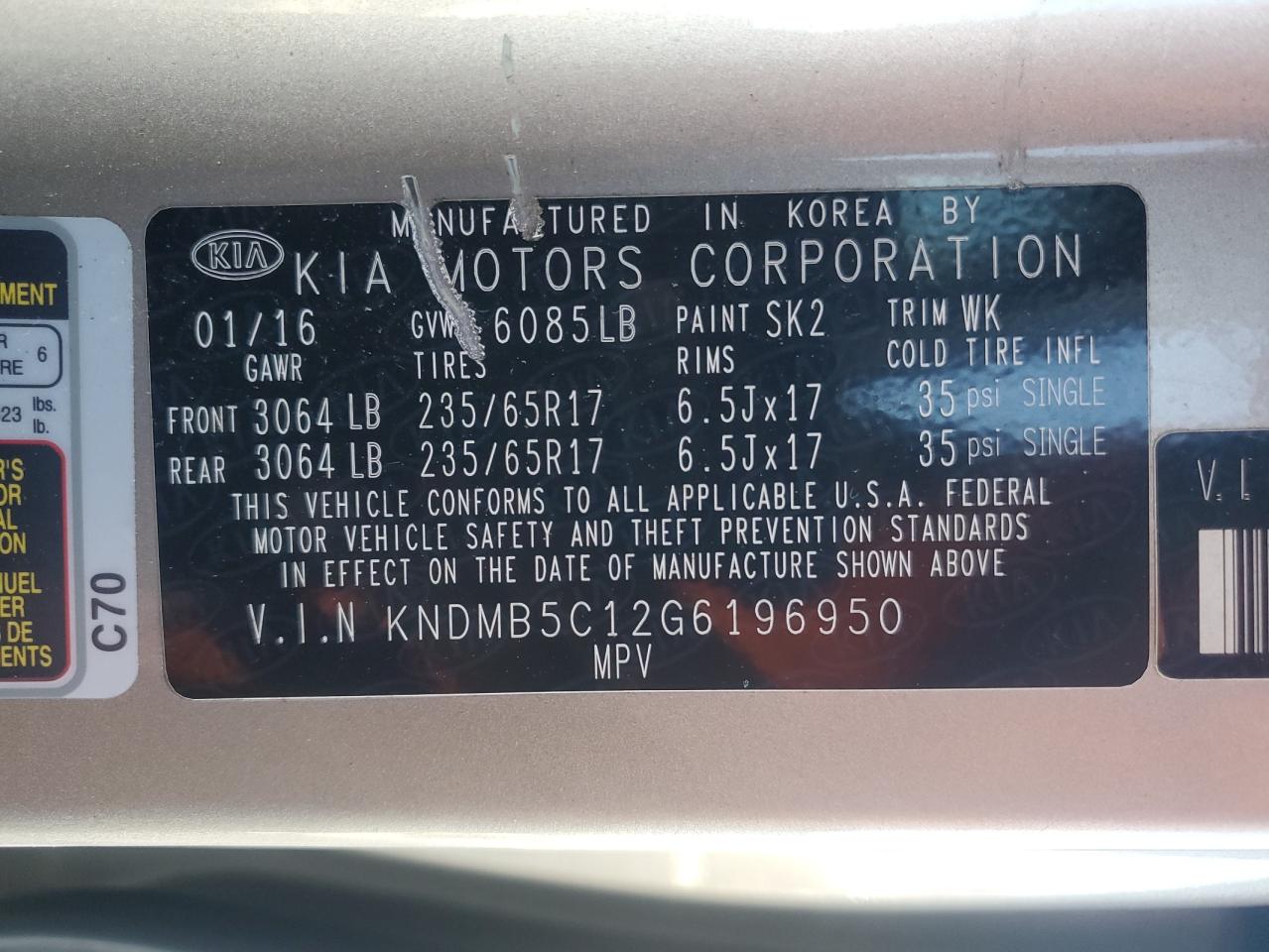 2016 Kia Sedona Lx VIN: KNDMB5C12G6196950 Lot: 87065575