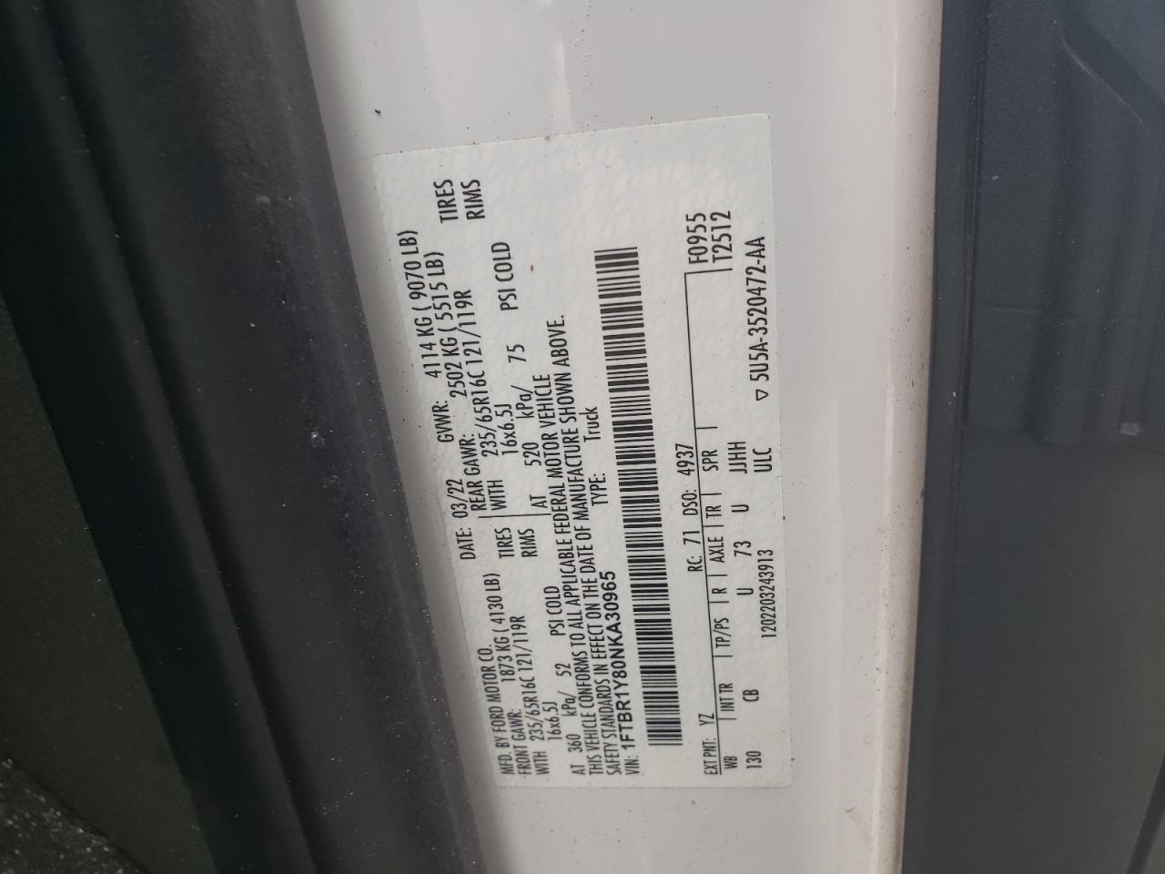 2022 Ford Transit T-250 VIN: 1FTBR1Y80NKA30965 Lot: 87482095