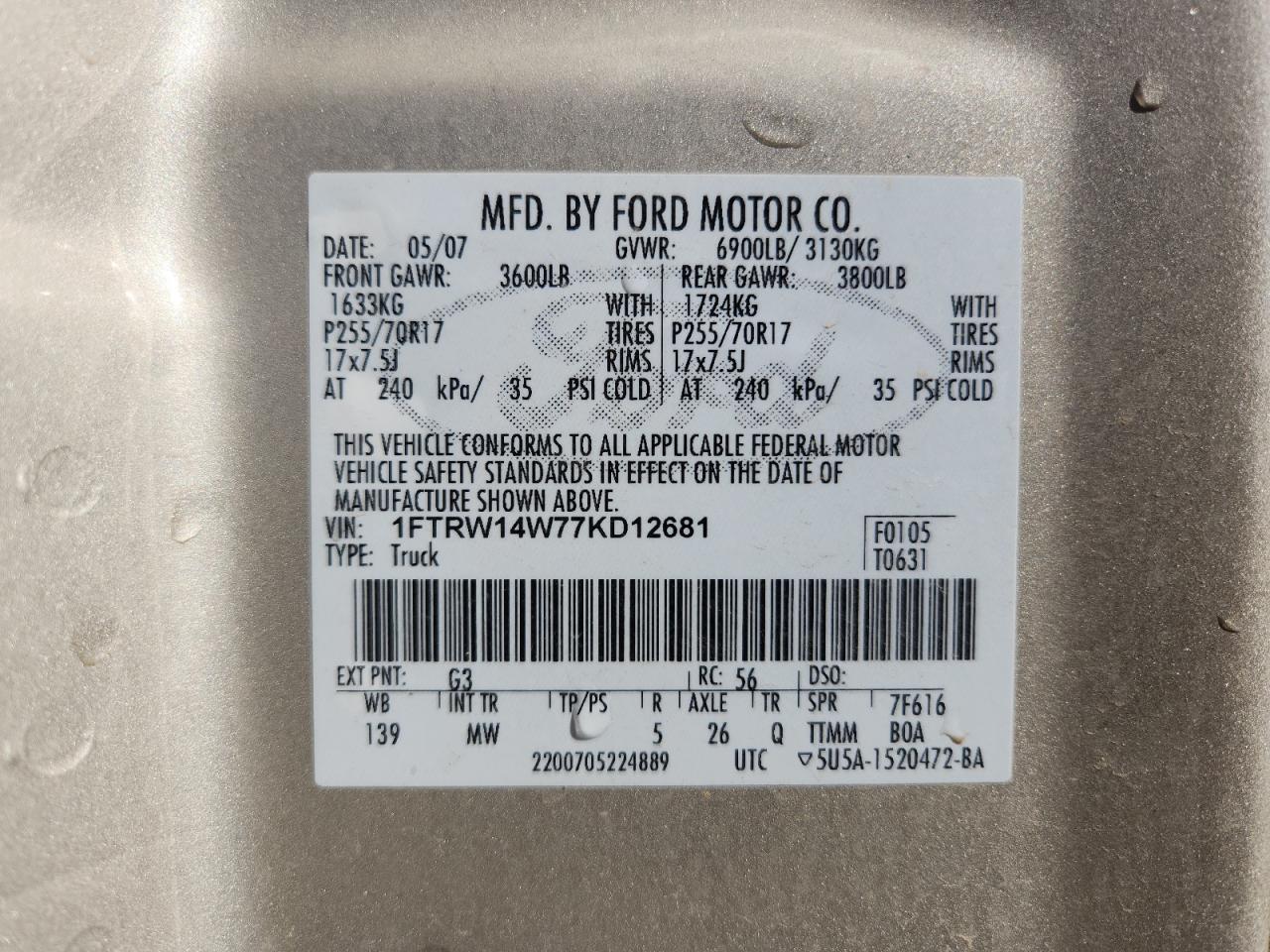 2007 Ford F150 Supercrew VIN: 1FTRW14W77KD12681 Lot: 90317905