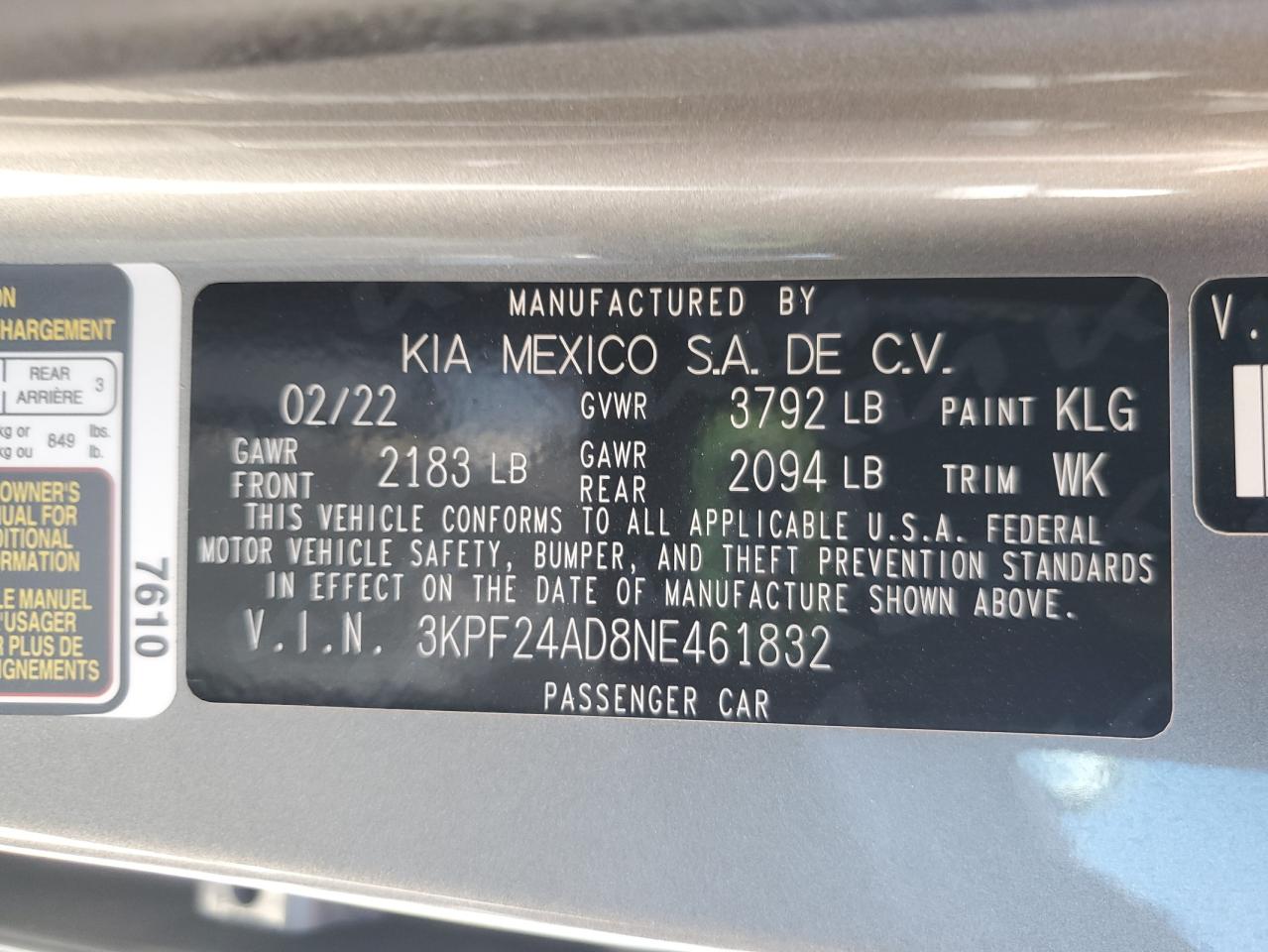 2022 Kia Forte Fe VIN: 3KPF24AD8NE461832 Lot: 86685175