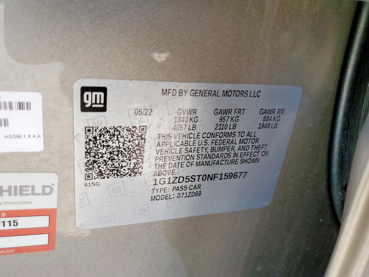 2022 Chevrolet Malibu Lt VIN: 1G1ZD5ST0NF159677 Lot: 82237585