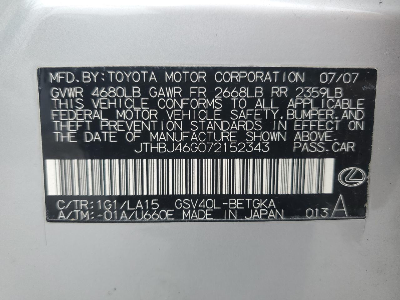 2007 Lexus Es 350 VIN: JTHBJ46G072152343 Lot: 85751865