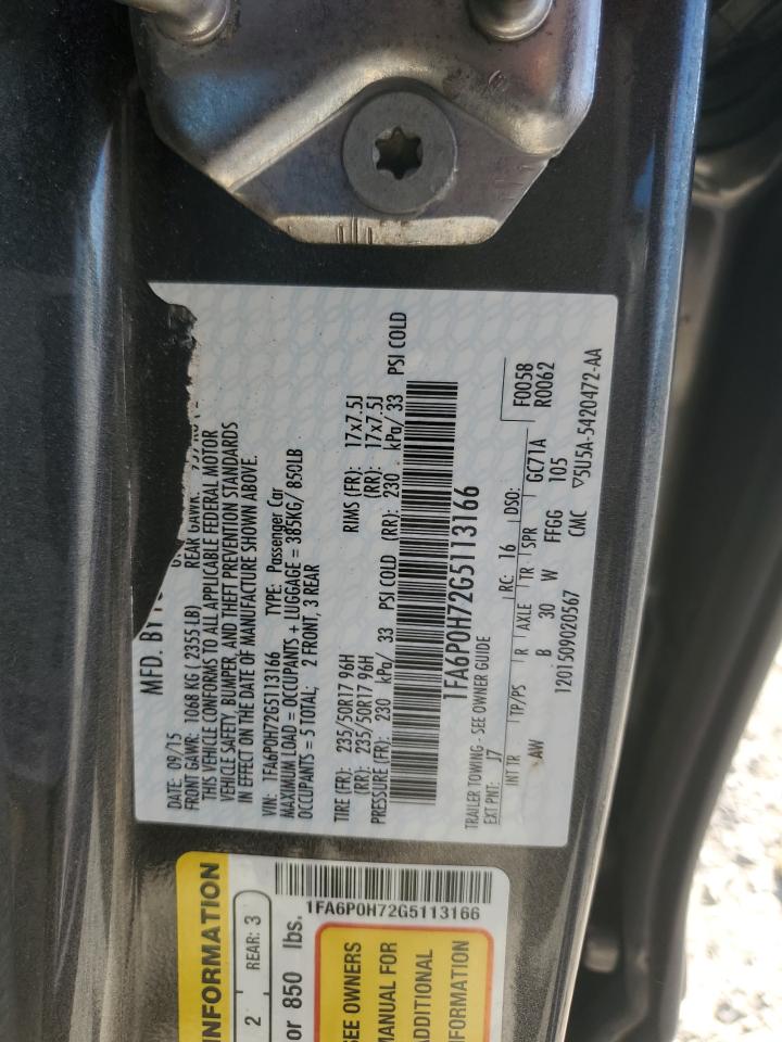 2016 Ford Fusion Se VIN: 1FA6P0H72G5113166 Lot: 85507005