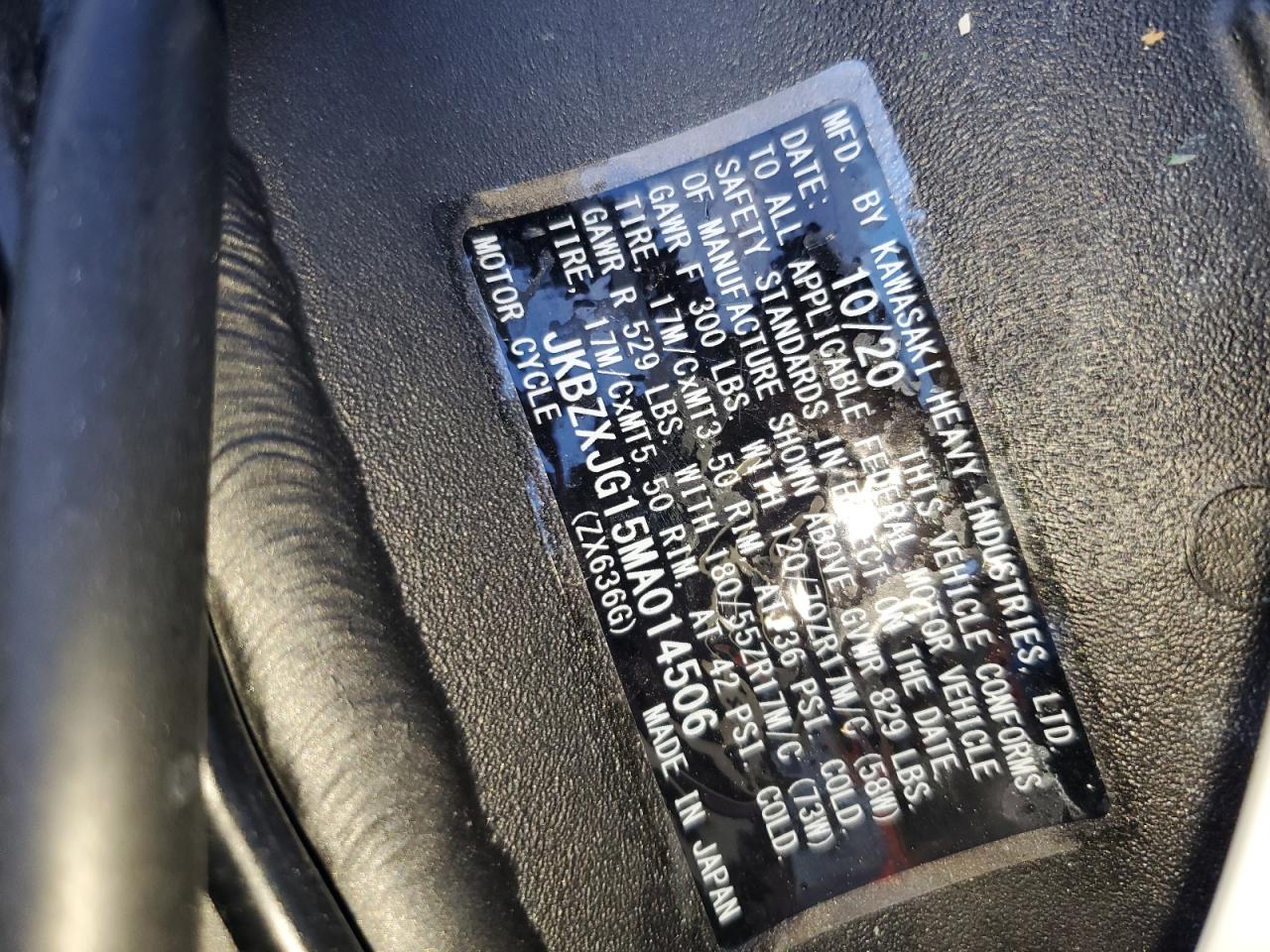 2021 Kawasaki Zx636 K VIN: JKBZXJG15MA014506 Lot: 90671085