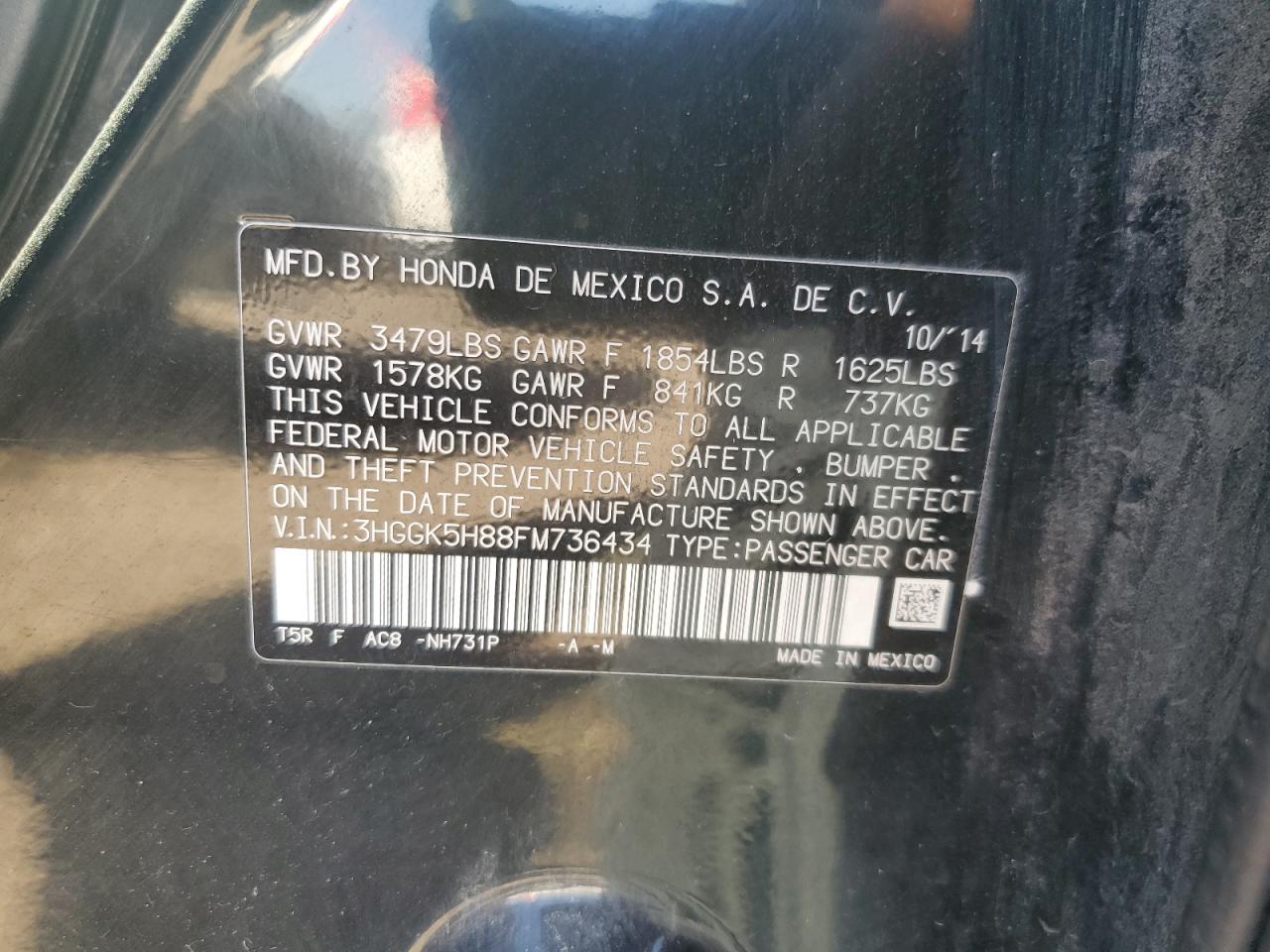 2015 Honda Fit Ex VIN: 3HGGK5H88FM736434 Lot: 85880135