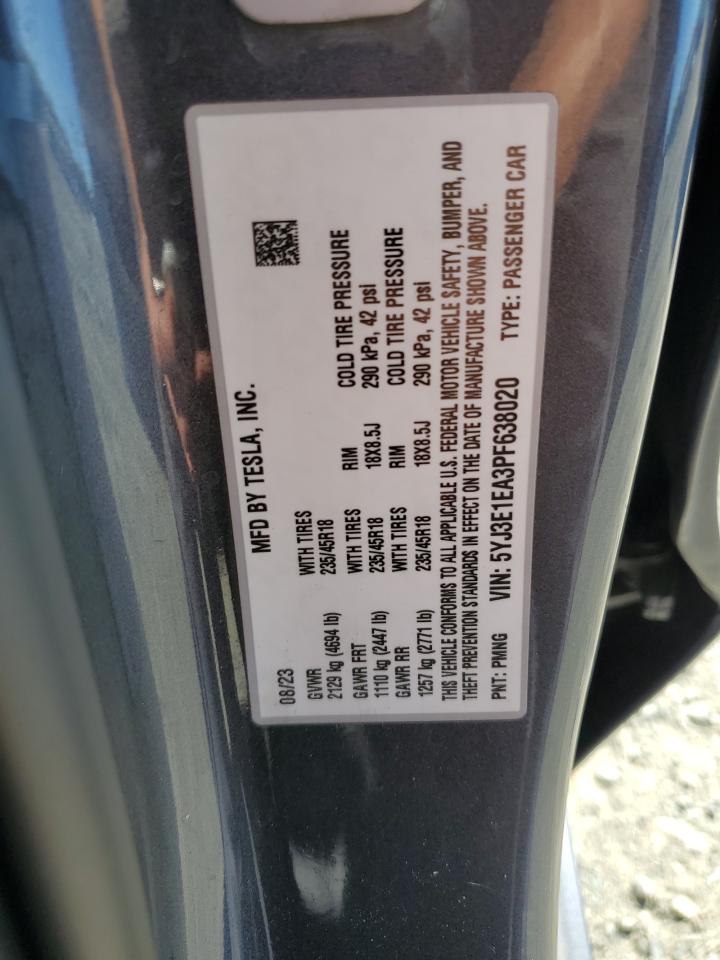 2023 Tesla Model 3 VIN: 5YJ3E1EA3PF638020 Lot: 82596725