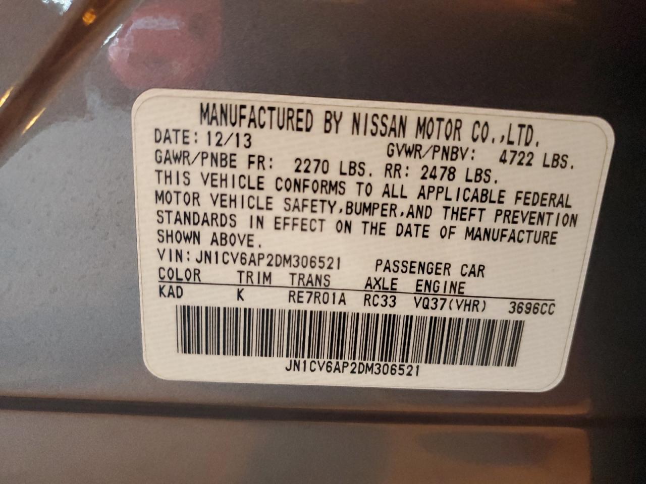 2013 Infiniti G37 Base VIN: JN1CV6AP2DM306521 Lot: 82787355