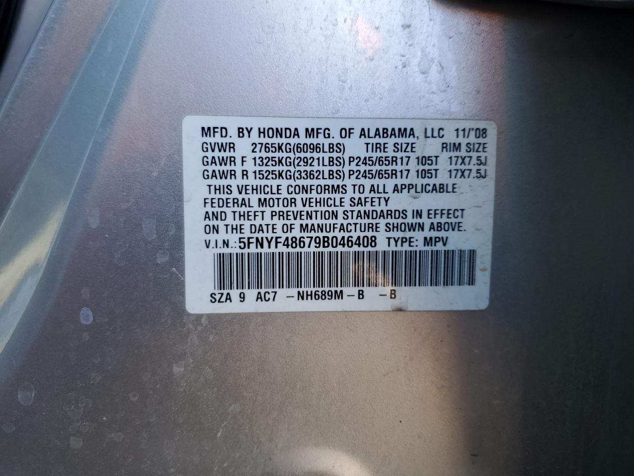 2009 Honda Pilot Exl VIN: 5FNYF48679B046408 Lot: 82416705