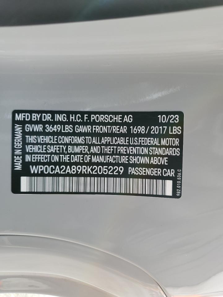 2024 Porsche Boxster Base VIN: WP0CA2A89RK205229 Lot: 85152345