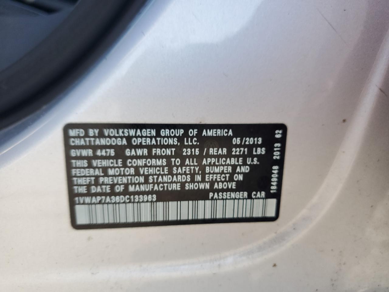 2013 Volkswagen Passat S VIN: 1VWAP7A36DC133963 Lot: 85307665