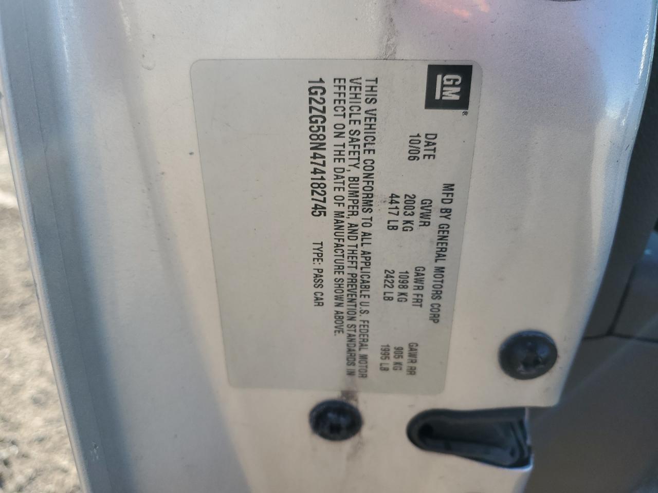 2007 Pontiac G6 Base VIN: 1G2ZG58N474182745 Lot: 82366805