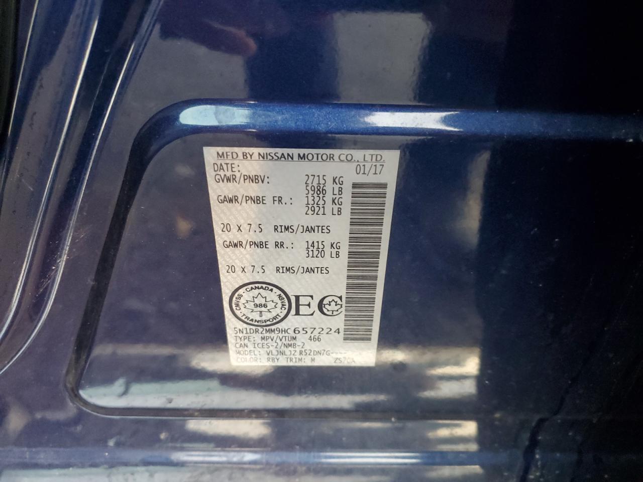 2017 Nissan Pathfinder S VIN: 5N1DR2MM9HC657224 Lot: 89714615