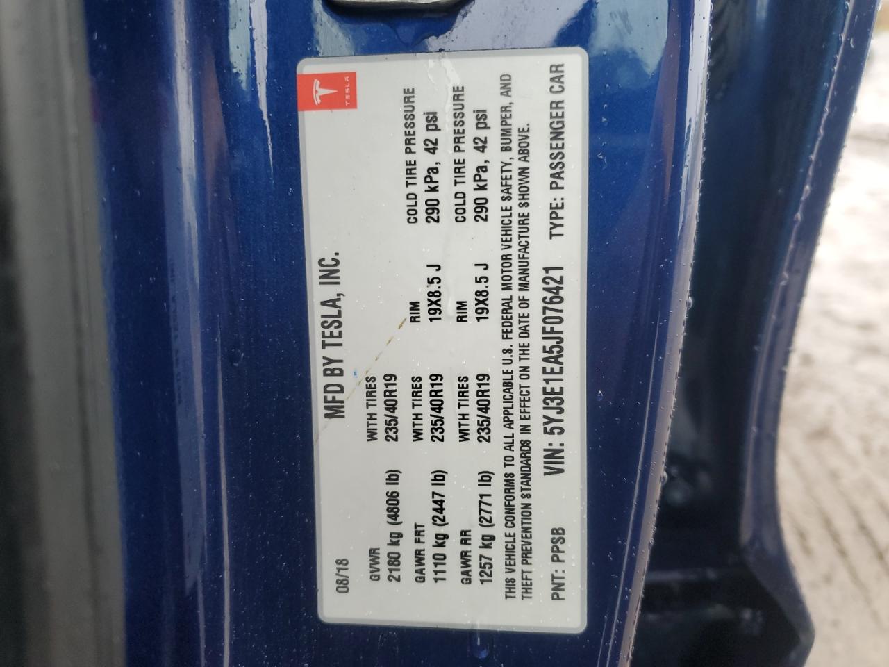 2018 Tesla Model 3 VIN: 5YJ3E1EA5JF076421 Lot: 86235535