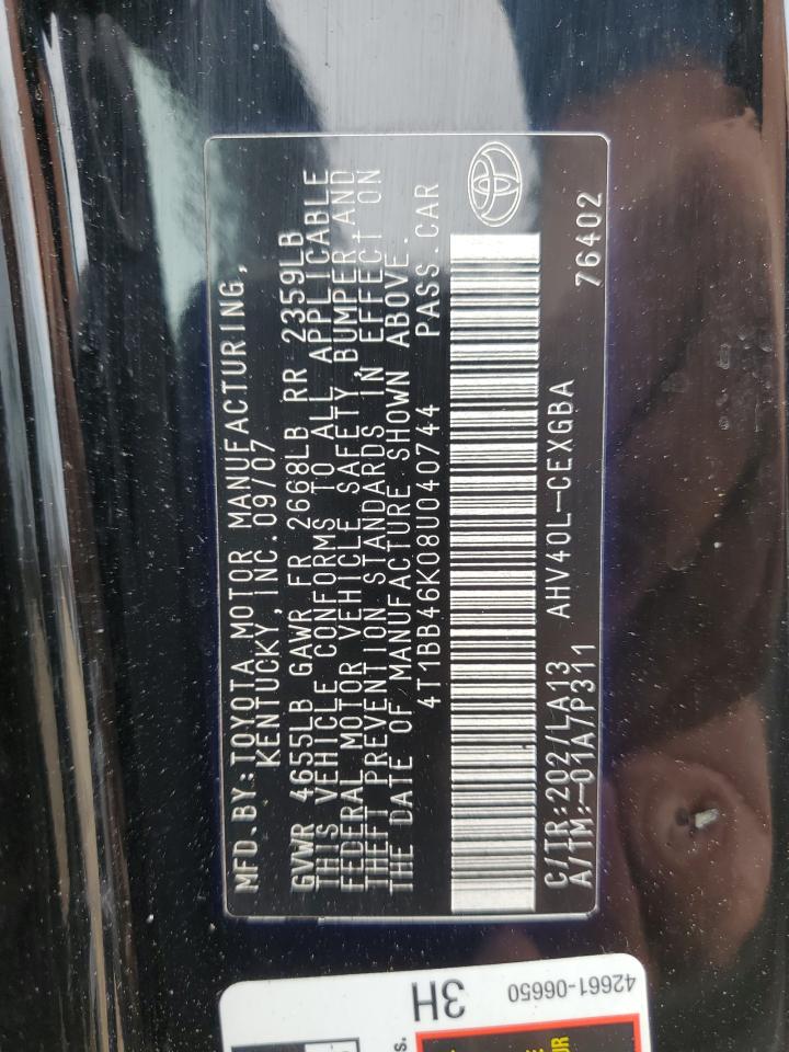 2008 Toyota Camry Hybrid VIN: 4T1BB46K08U040744 Lot: 84980945