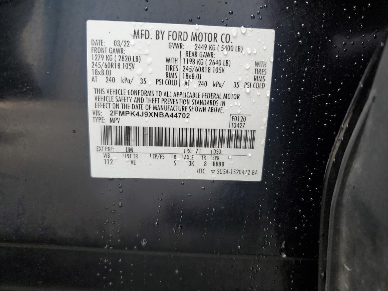 2022 Ford Edge Sel VIN: 2FMPK4J9XNBA44702 Lot: 85323755