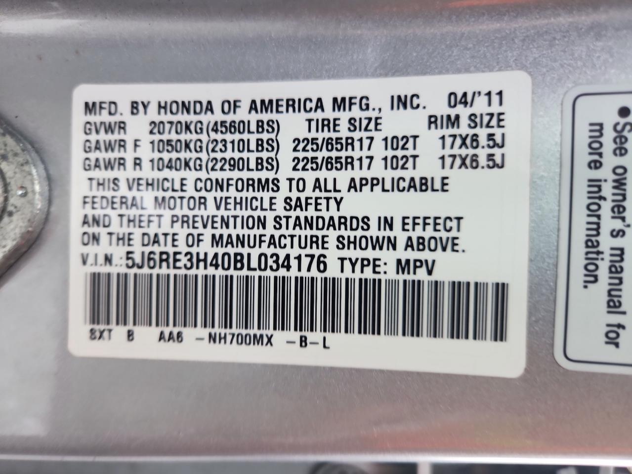 2011 Honda Cr-V Se VIN: 5J6RE3H40BL034176 Lot: 86268265