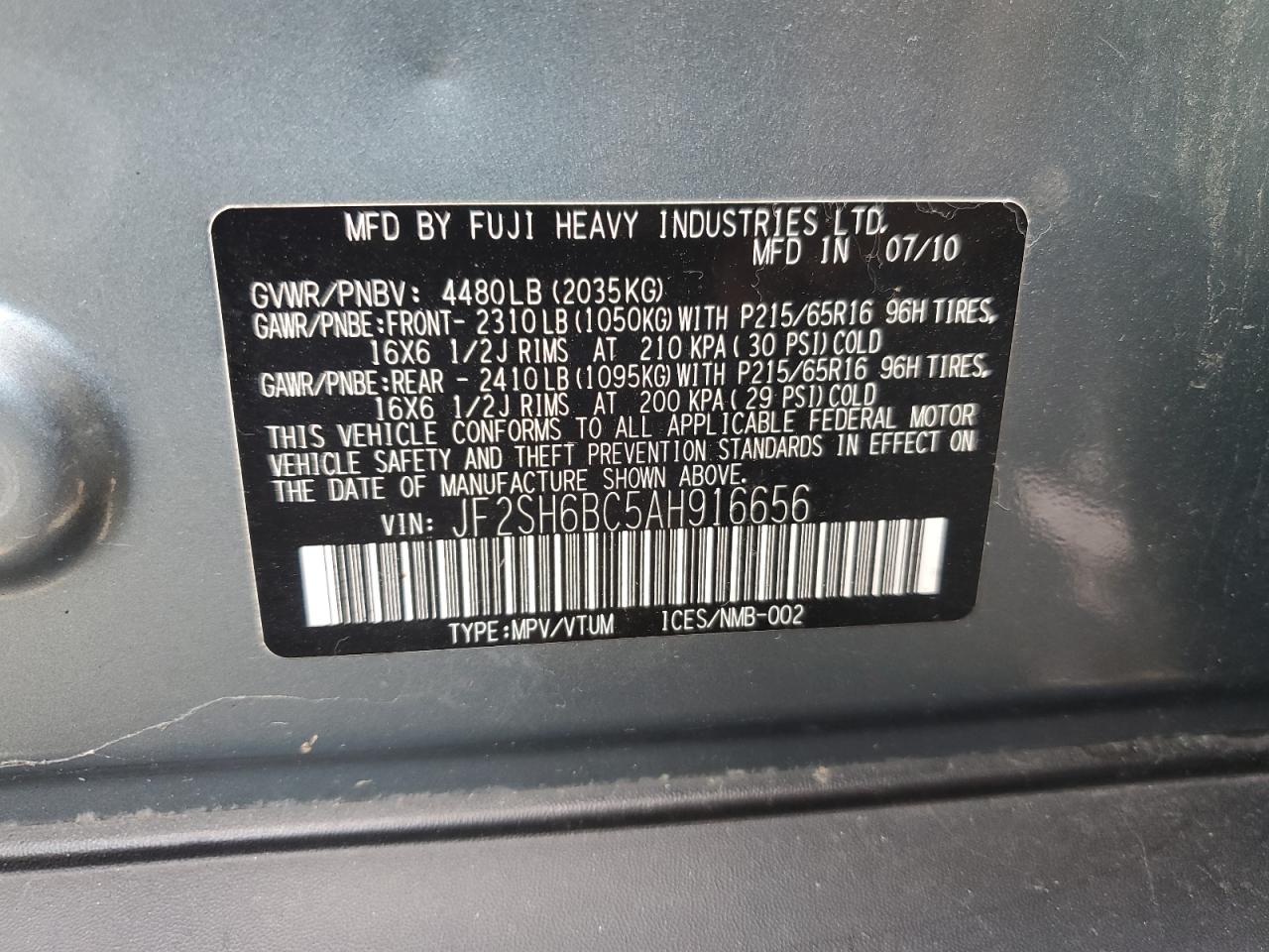 2010 Subaru Forester Xs VIN: JF2SH6BC5AH916656 Lot: 85090165