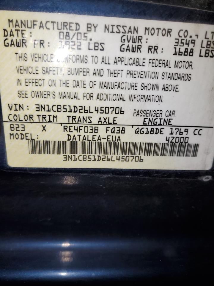 2006 Nissan Sentra 1.8 VIN: 3N1CB51D26L450706 Lot: 90199465