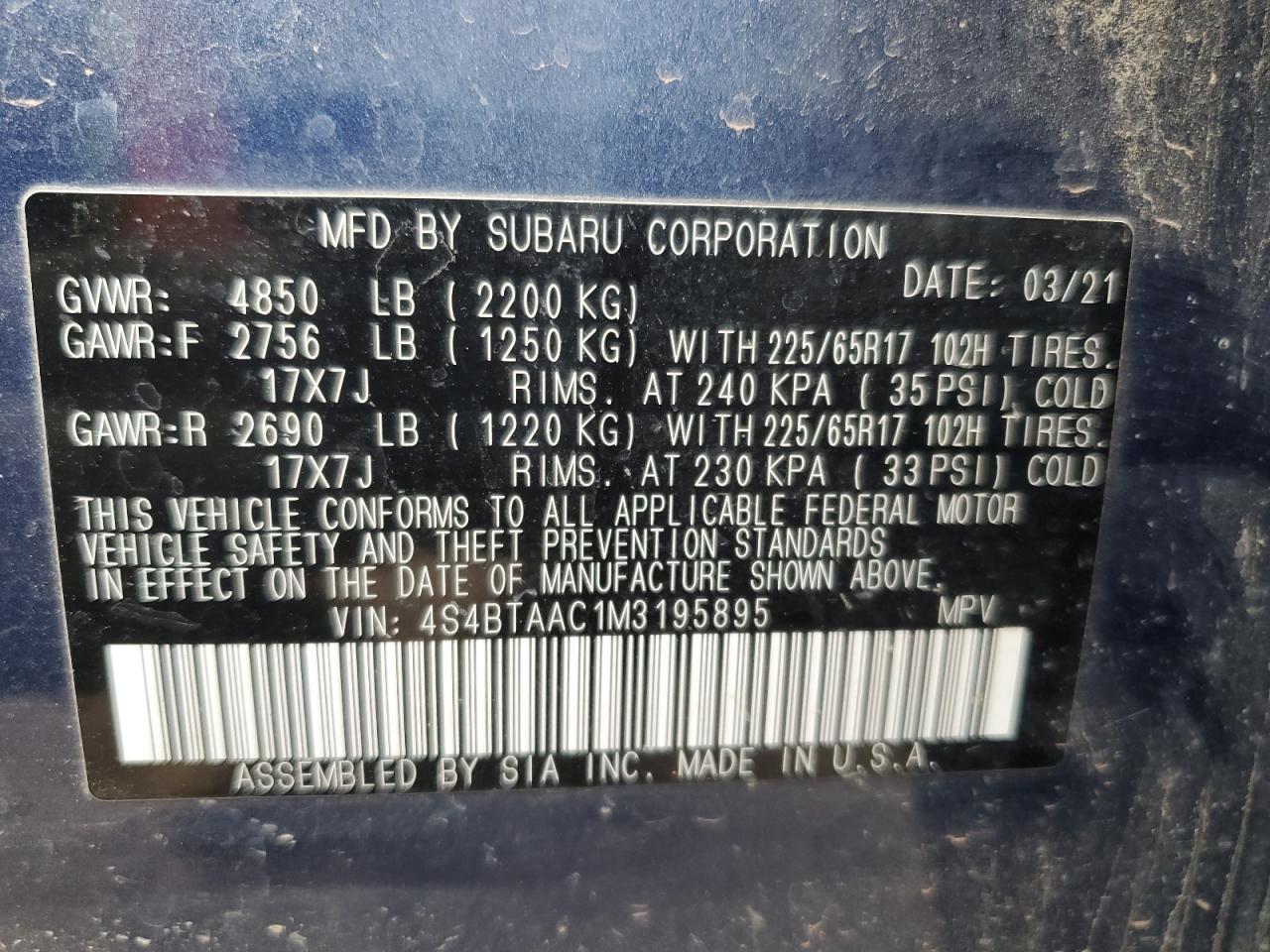 2021 Subaru Outback VIN: 4S4BTAAC1M3195895 Lot: 82443815