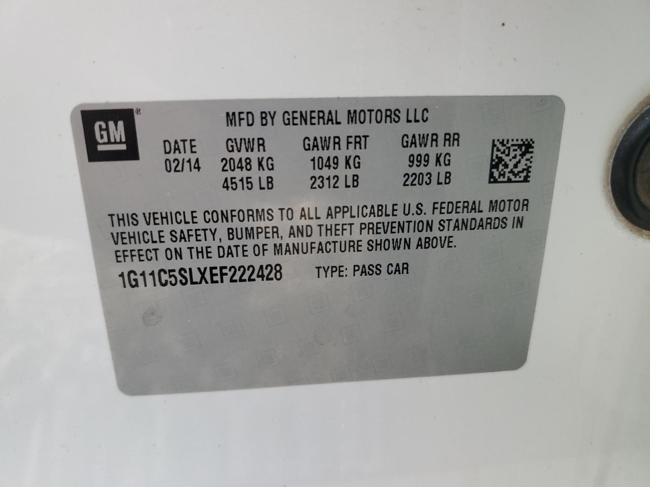 2014 Chevrolet Malibu 1Lt VIN: 1G11C5SLXEF222428 Lot: 81902995