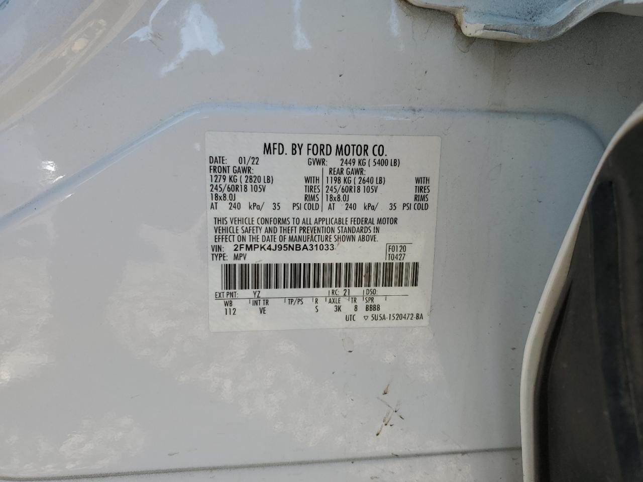 2022 Ford Edge Sel VIN: 2FMPK4J95NBA31033 Lot: 87469125