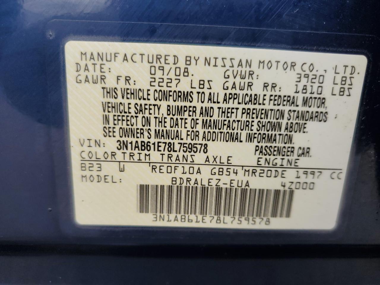 2008 Nissan Sentra VIN: 3N1AB61E78L759578 Lot: 85312155