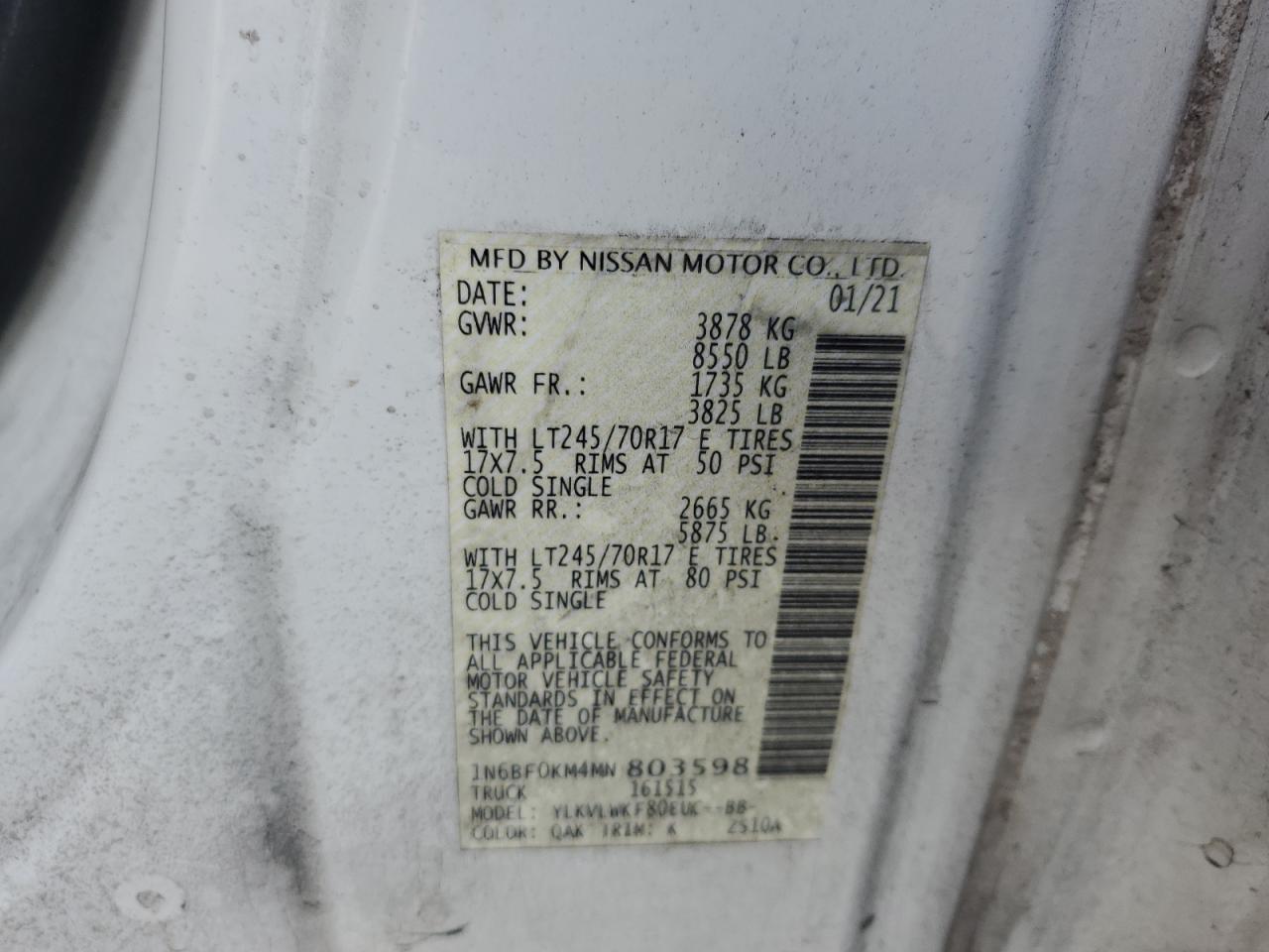 2021 Nissan Nv 1500 S VIN: 1N6BF0KM4MN803598 Lot: 82190045