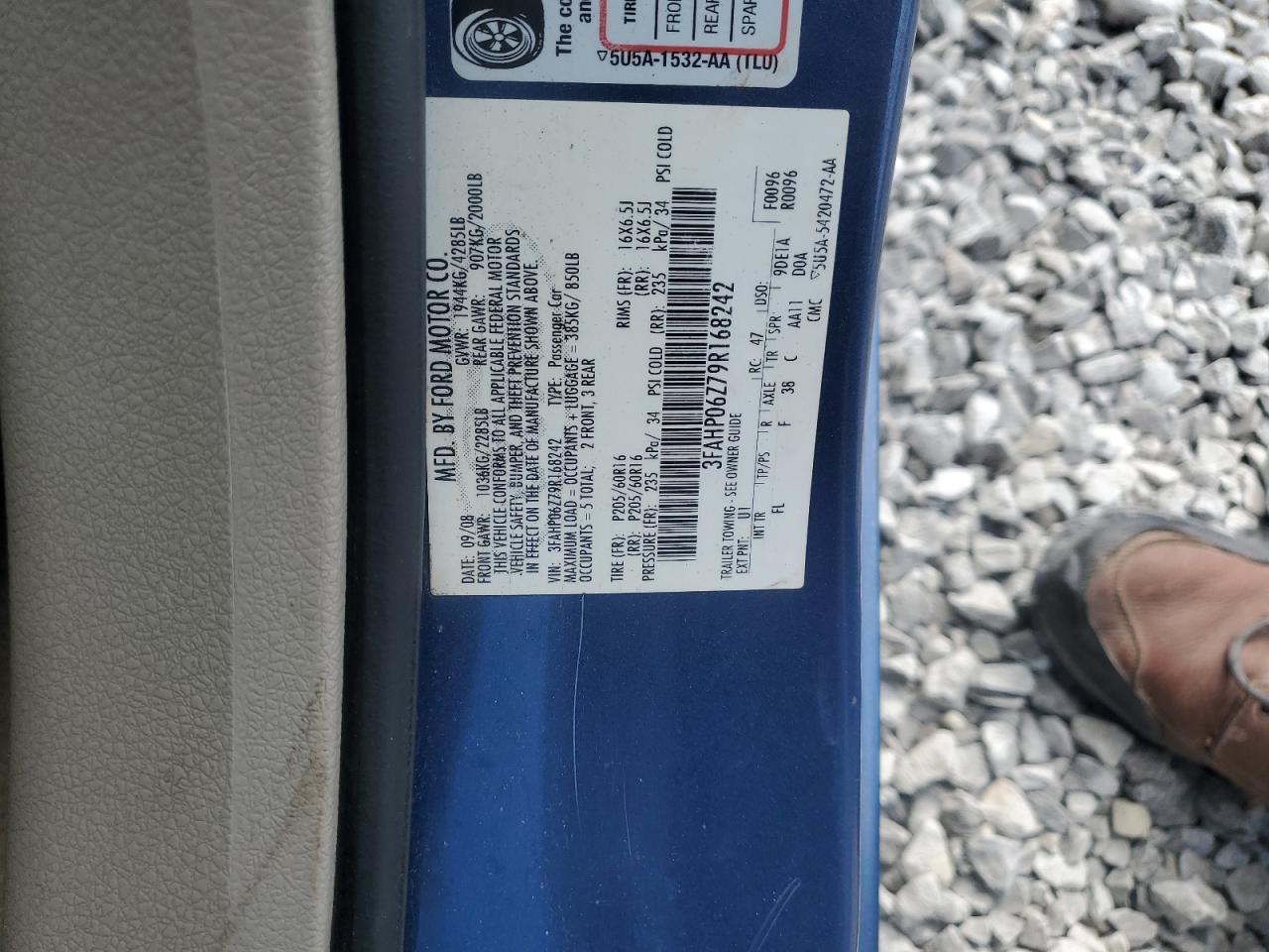 2009 Ford Fusion S VIN: 3FAHP06Z79R168242 Lot: 86856215