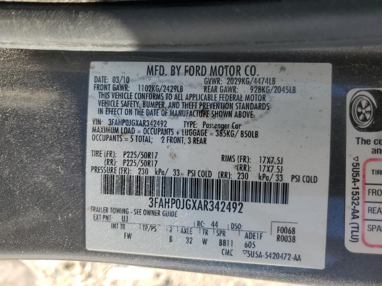 2010 Ford Fusion Sel VIN: 3FAHP0JGXAR342492 Lot: 86497825