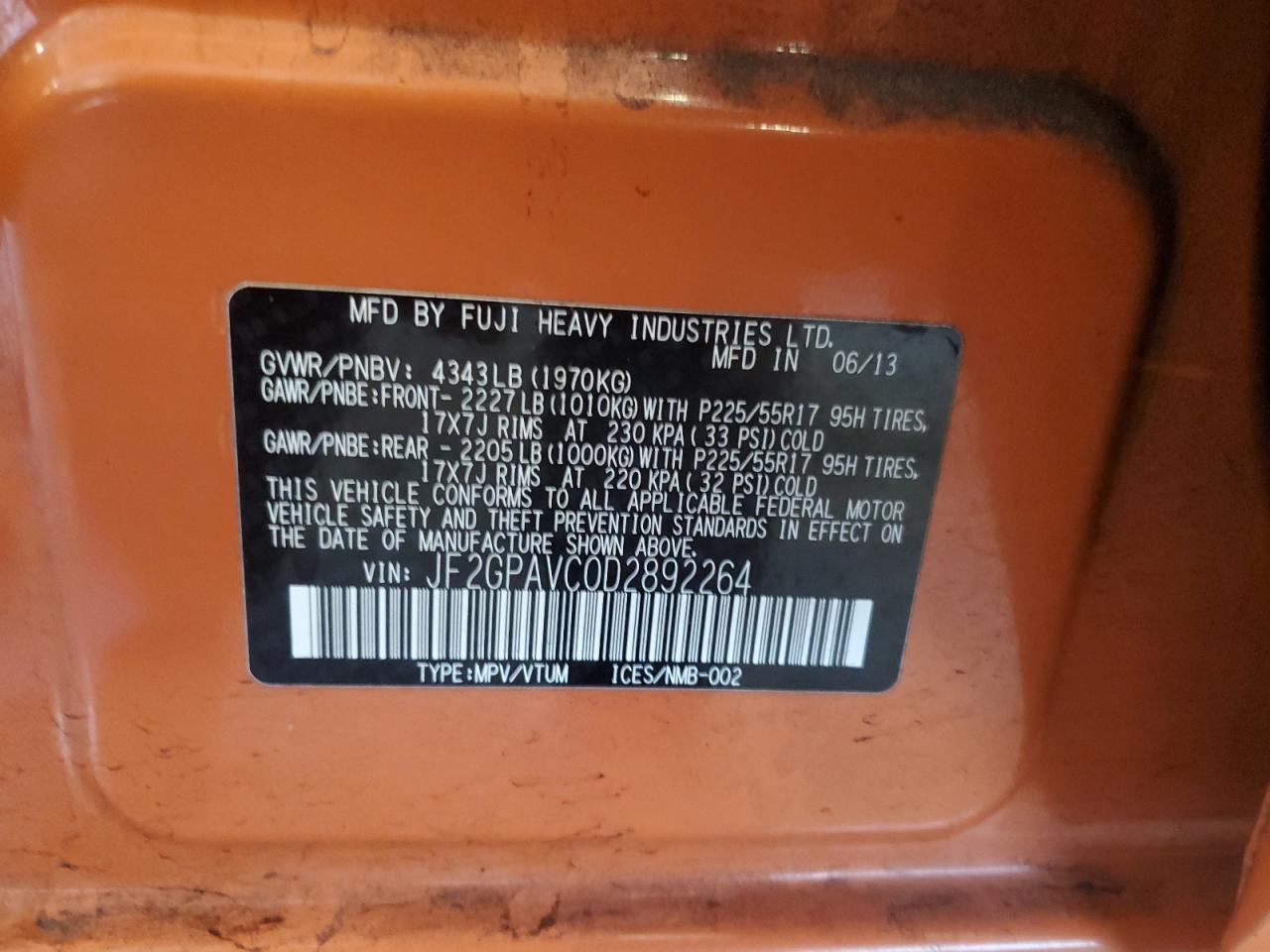 2013 Subaru Xv Crosstrek 2.0 Premium VIN: JF2GPAVC0D2892264 Lot: 85393655