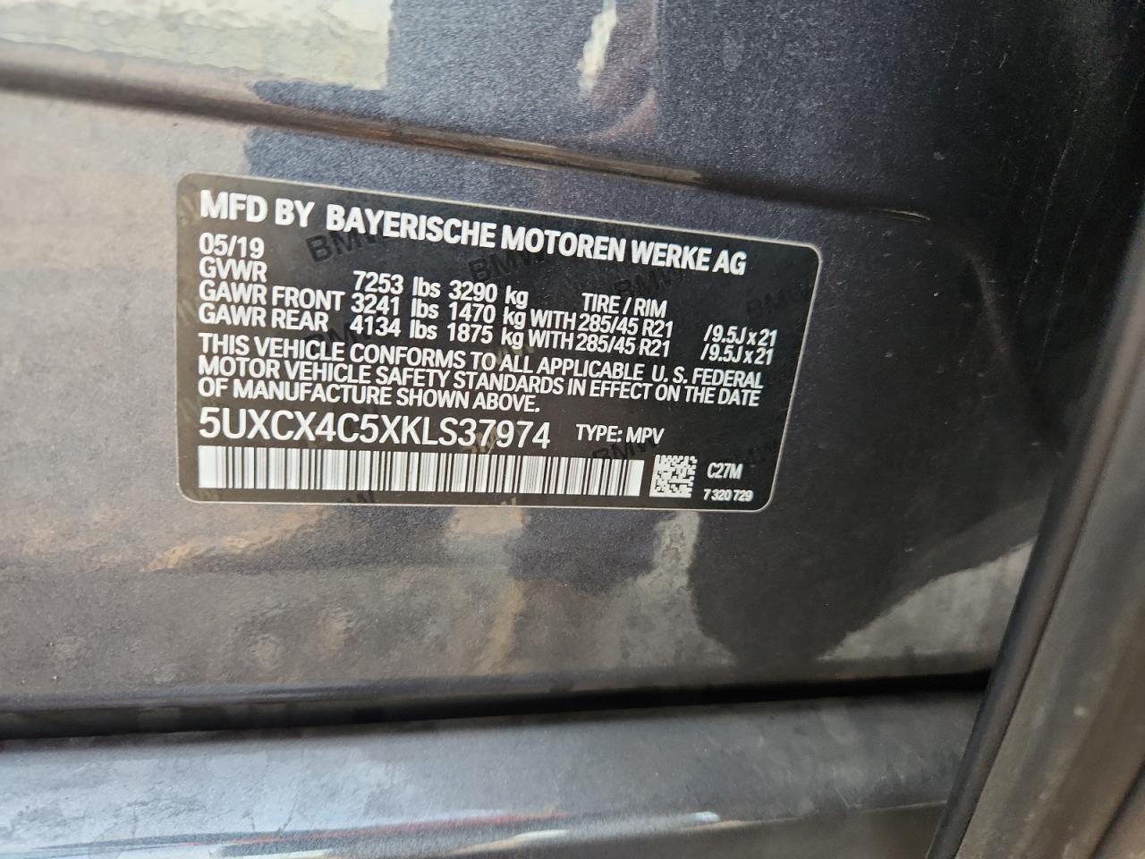 2019 BMW X7 xDrive50I VIN: 5UXCX4C5XKLS37974 Lot: 81971995