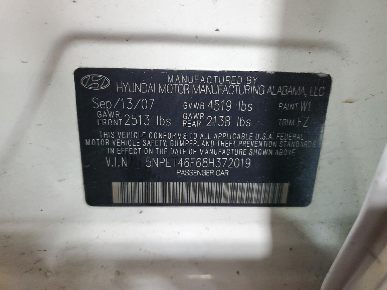 2008 Hyundai Sonata Gls VIN: 5NPET46F68H372019 Lot: 86075475