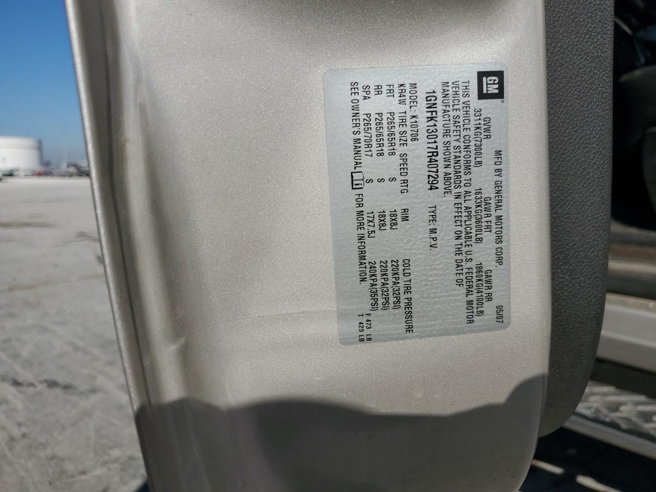 2007 Chevrolet Tahoe K1500 VIN: 1GNFK13017R407294 Lot: 81981895