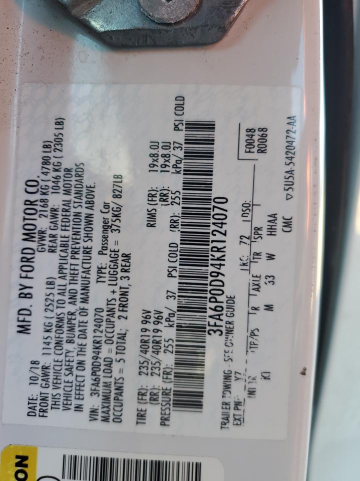 2019 Ford Fusion Titanium VIN: 3FA6P0D94KR124070 Lot: 89504305